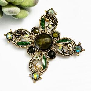 1928 Brand Green Lucite, AB Glass Rhinestone Enamel Maltese Cross Brooch Pin